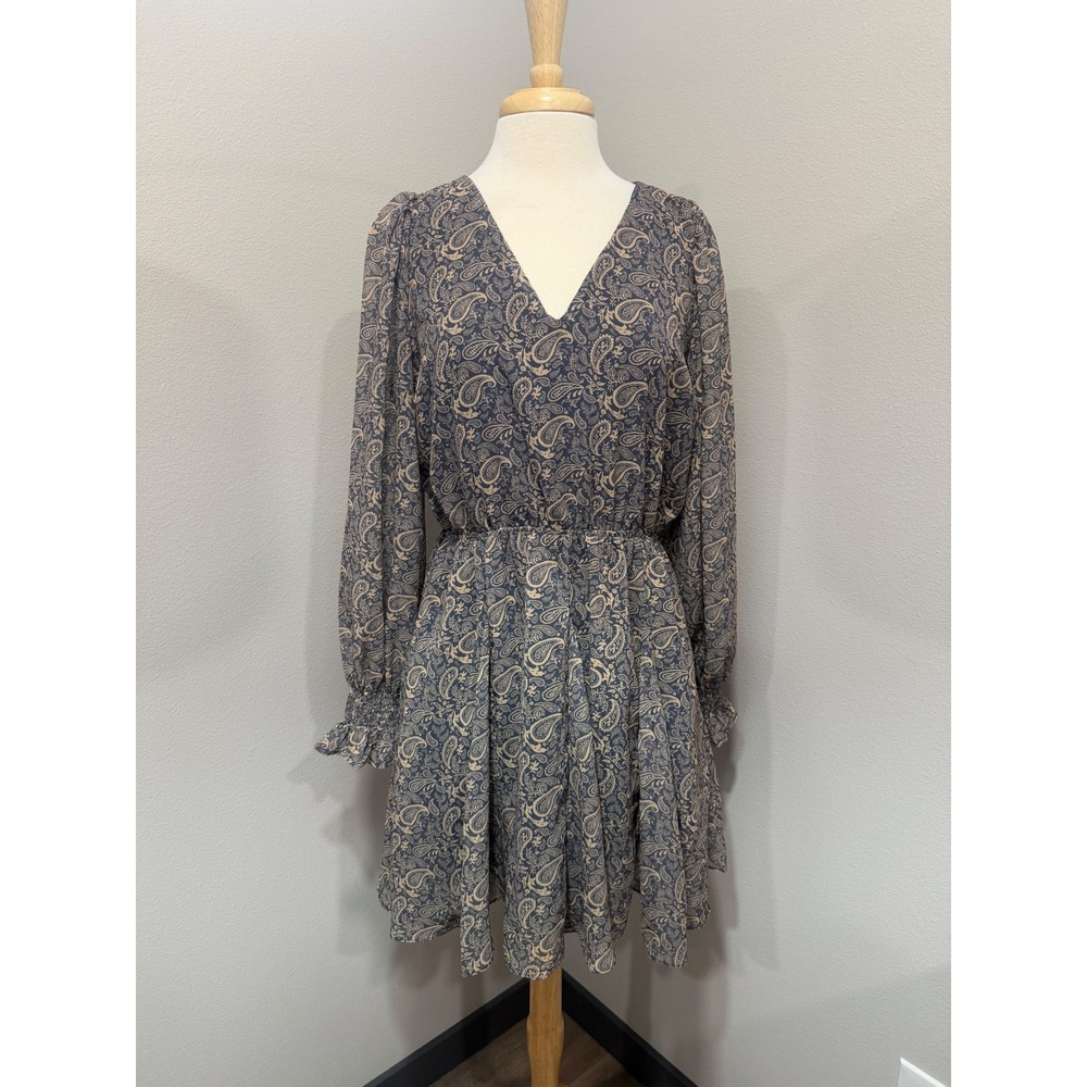 Wishlist Apparel Paisley V-Neck Long Sleeve Mini‎ Dress Smocked Cuff Navy Blue L